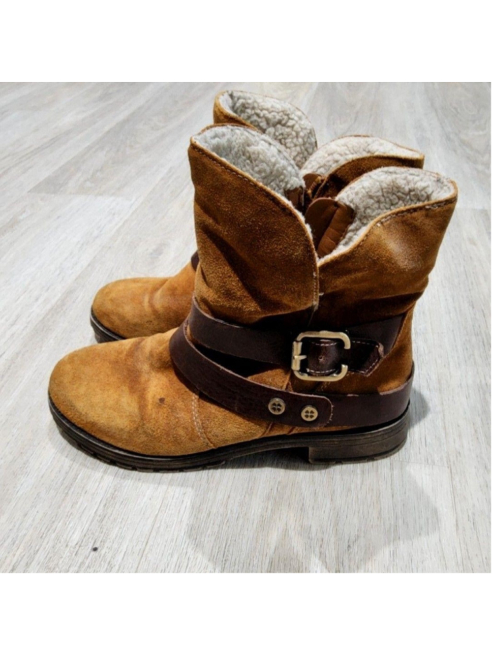 Biker Boots Womens 7 Brown Suede Faux Fur Lined Ankle Zip Buckle Winter Casual - Picture 3 of 9